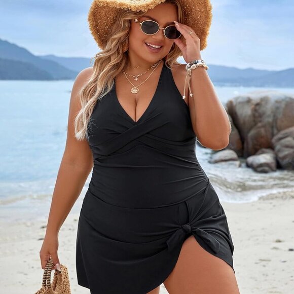 Women Plus Size Black Swim Dress with Ruched Detail and Built-In Skirt, X-Large - Picture 4 of 8